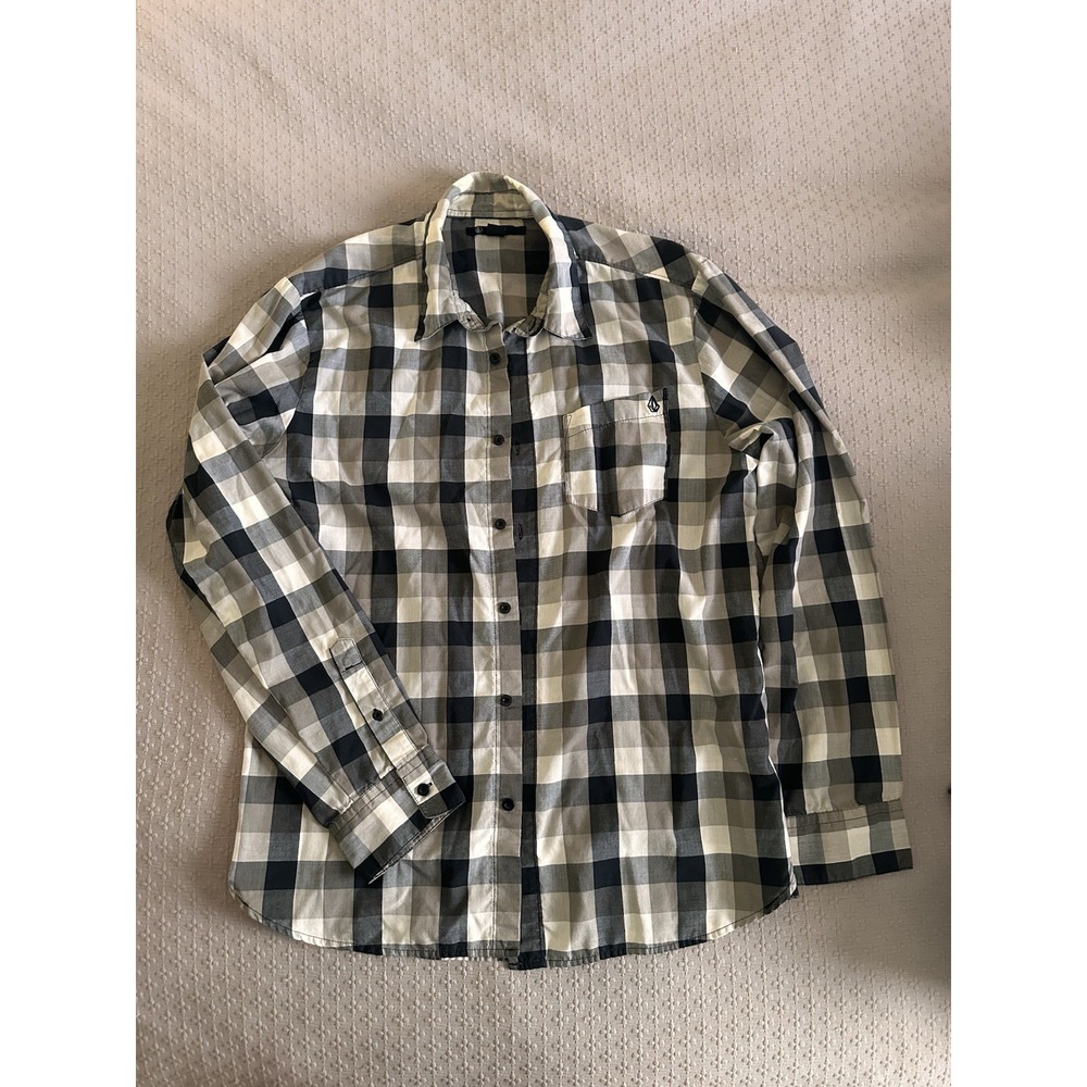 Volcom Men's Medium Long Sleeve Button Up Shirt  Gray Black White Plaid Pattern